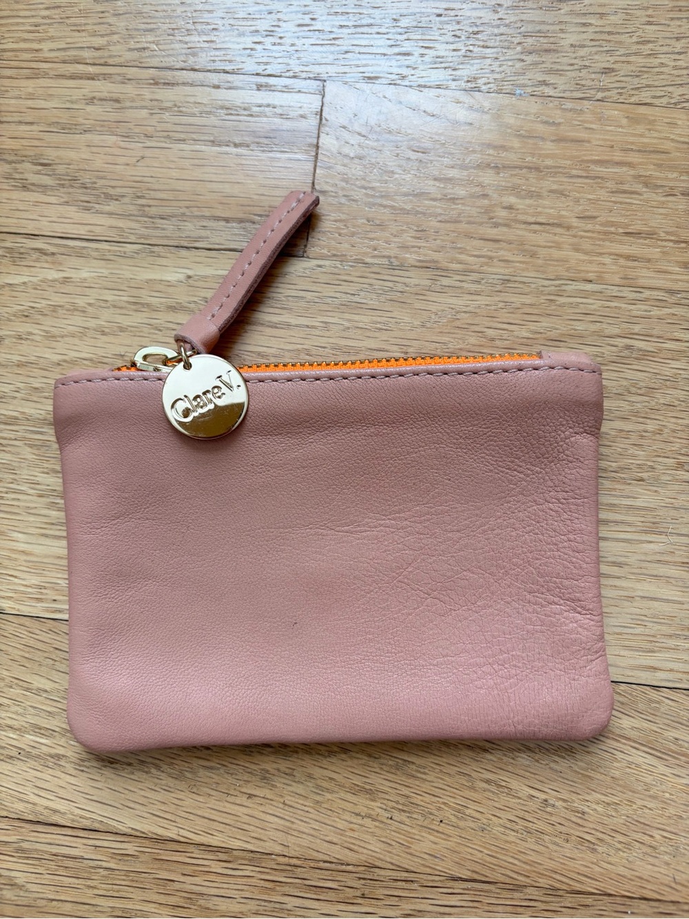 Clare V. Blush tone Leather Coin Pouch with Orange Trim